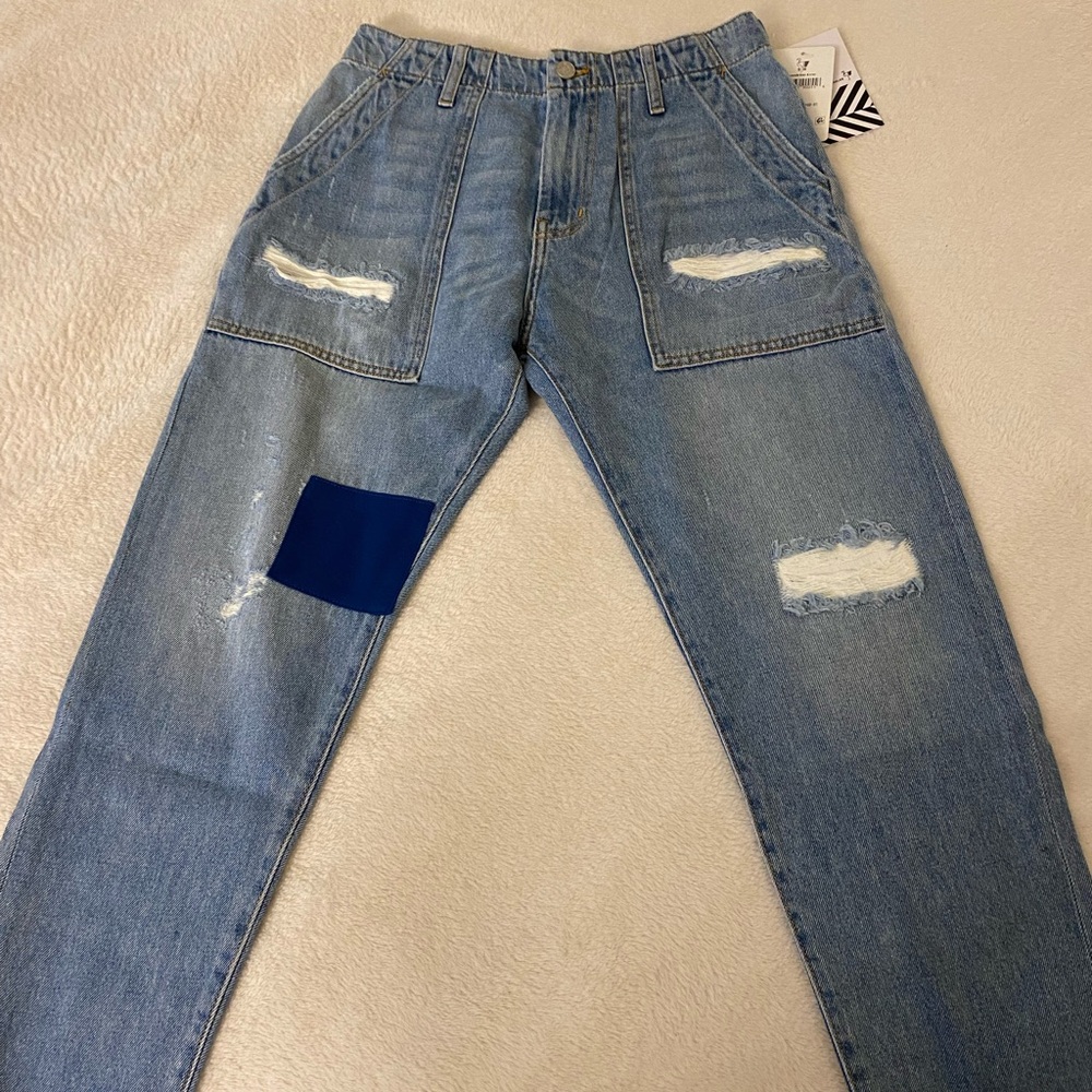 Free People SR vs Sandrine Rose indigo distressed cargo jeans with patch… - Picture 6 of 14